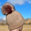 Perfect POM Beanie in tan with fuzzy top